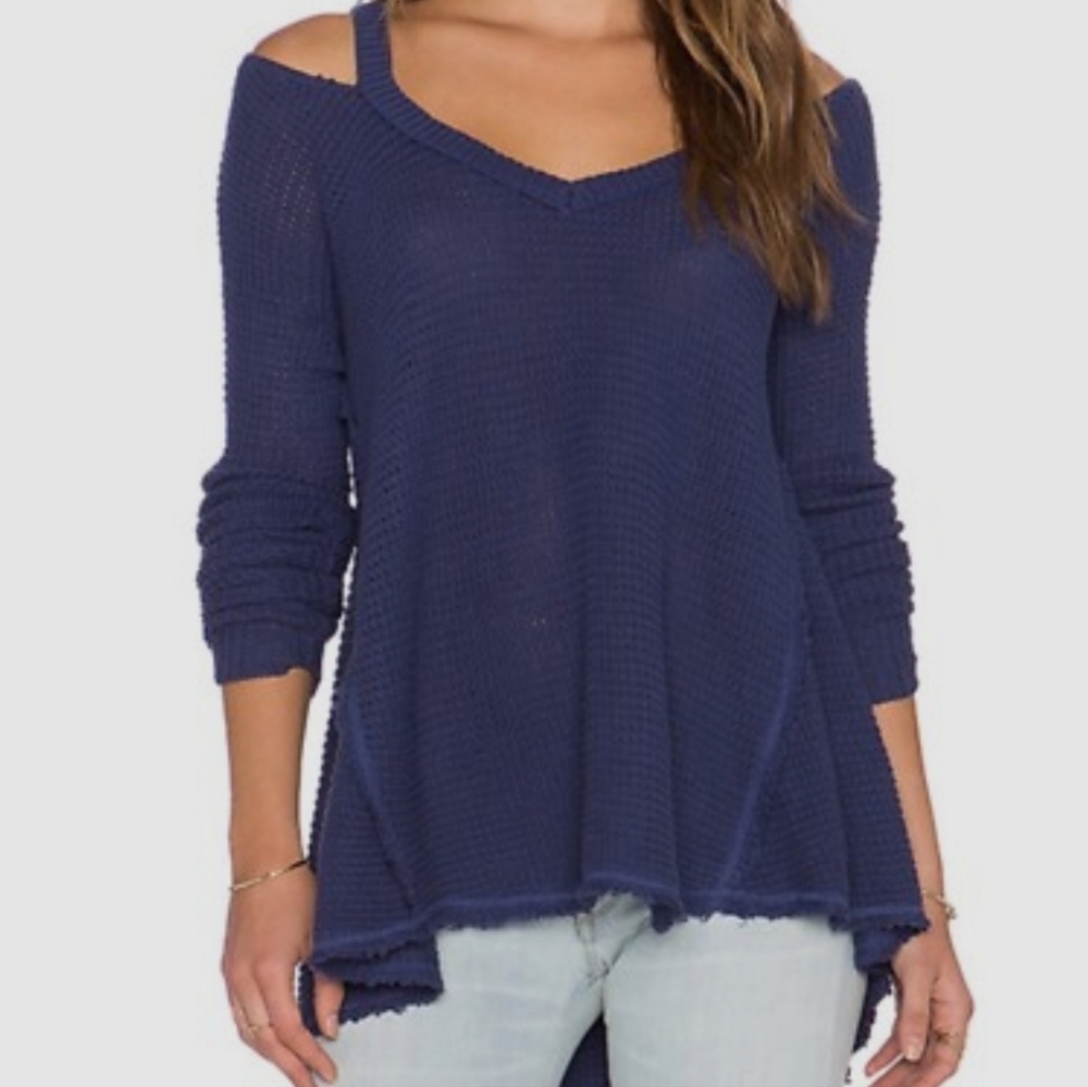 Free People Moonshine Blue Cold Shoulder Light Sweater Size Medium